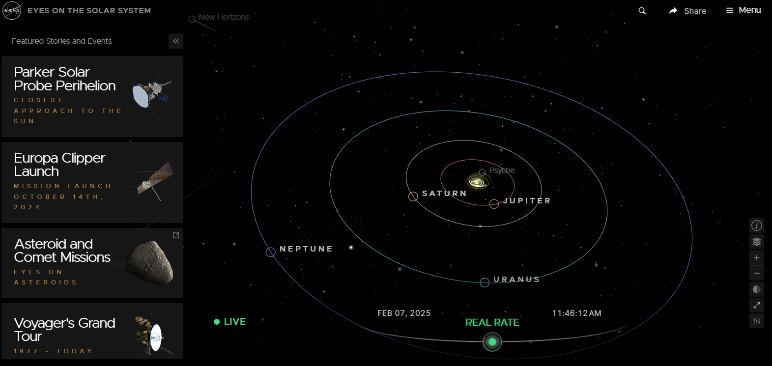 Simultation du Système solaire - Copyright NASA-Eyes on the solar system
